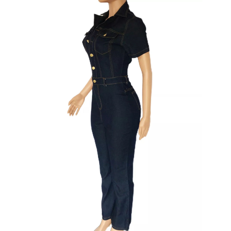 Full Size Short Sleeve Button-Down Denim Jumpsuit Plus Apparel and Accessories