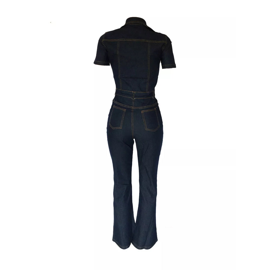 Full Size Short Sleeve Button-Down Denim Jumpsuit Plus Apparel and Accessories
