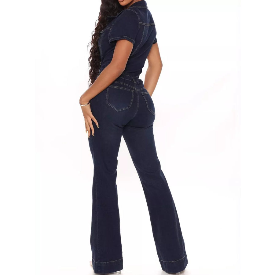 Full Size Short Sleeve Button-Down Denim Jumpsuit Plus Apparel and Accessories