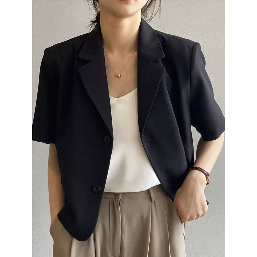 Full Size Short-Sleeve Lapel Collar Blazer Plus Black / S Apparel and Accessories