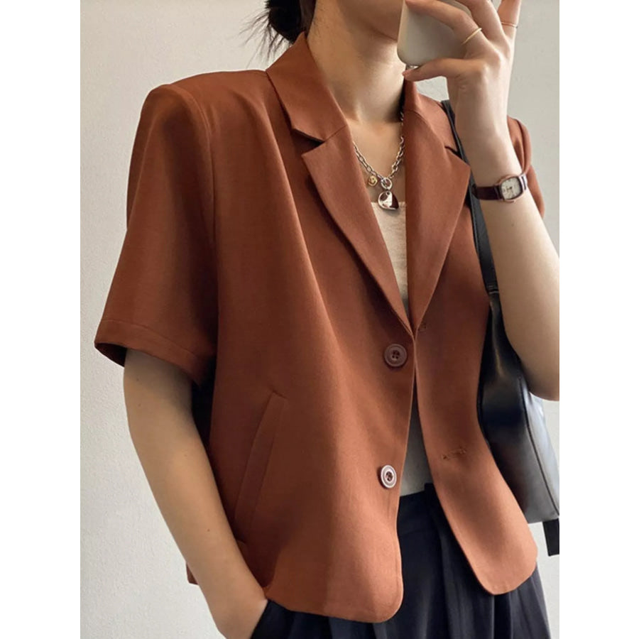 Full Size Short-Sleeve Lapel Collar Blazer Plus Caramel / S Apparel and Accessories