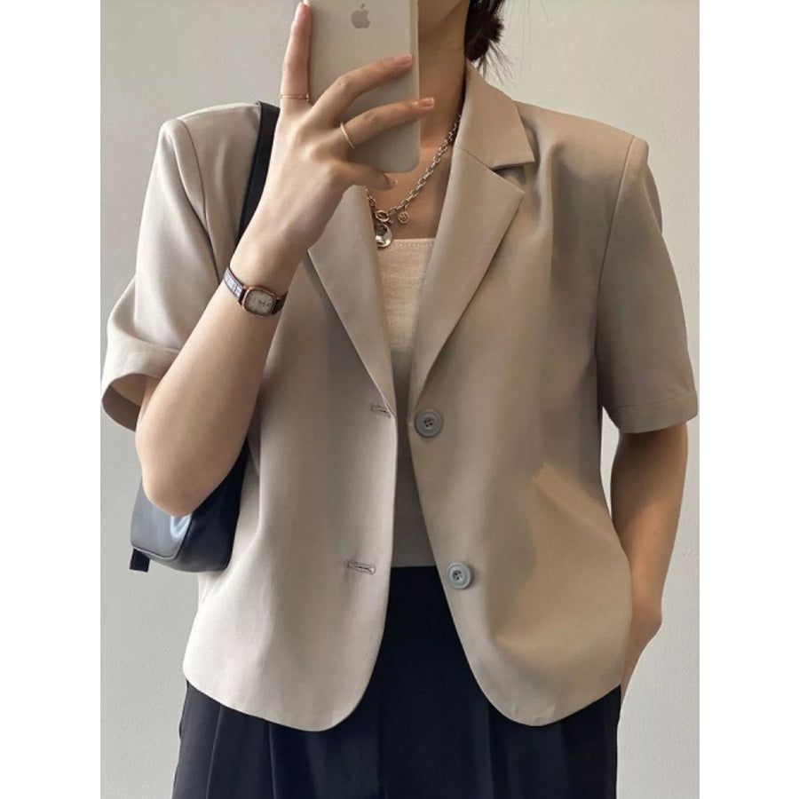 Full Size Short-Sleeve Lapel Collar Blazer Plus Milk Tea / S Apparel and Accessories