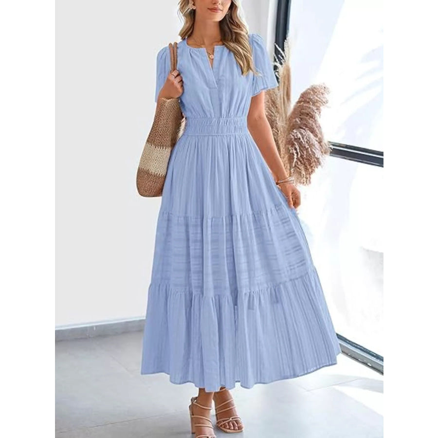 Full Size Short Sleeve Tiered Midi Dress Plus Size Apparel and Accessories