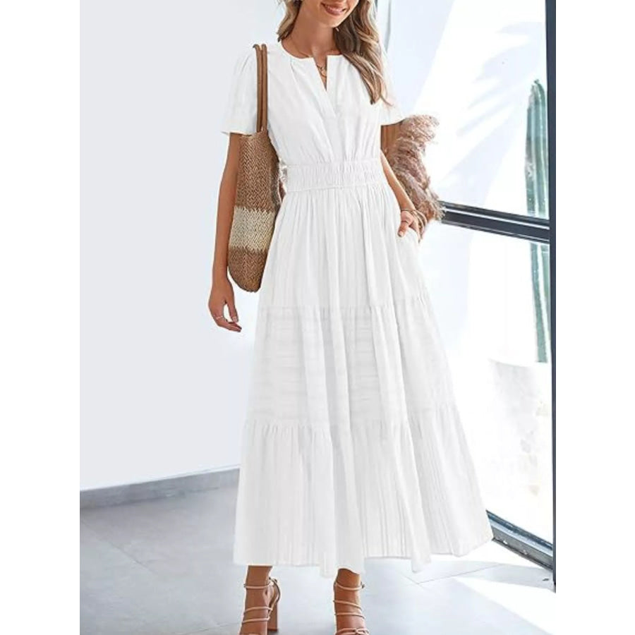 Full Size Short Sleeve Tiered Midi Dress Plus Size Apparel and Accessories