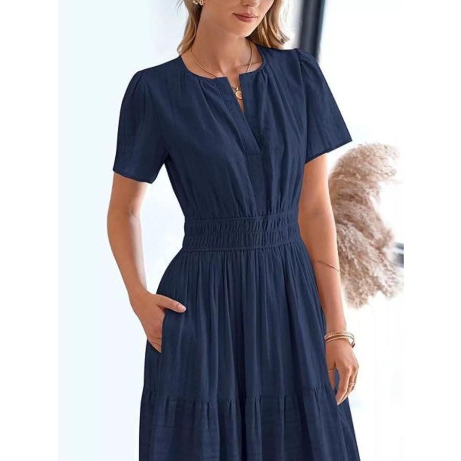 Full Size Short Sleeve Tiered Midi Dress Plus Size Apparel and Accessories