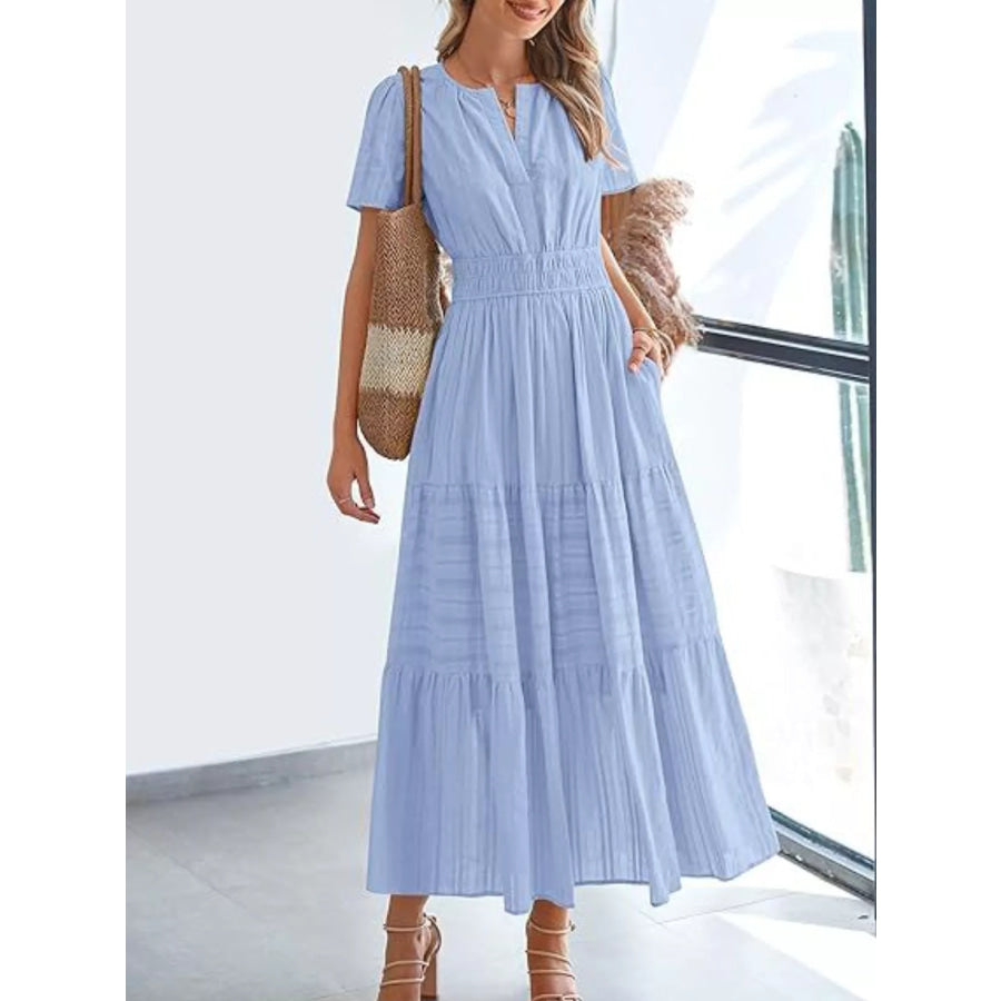 Full Size Short Sleeve Tiered Midi Dress Plus Size Apparel and Accessories