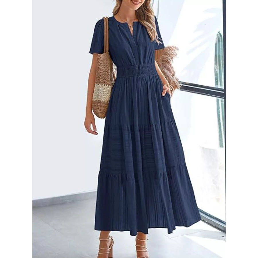 Full Size Short Sleeve Tiered Midi Dress Plus Size Apparel and Accessories