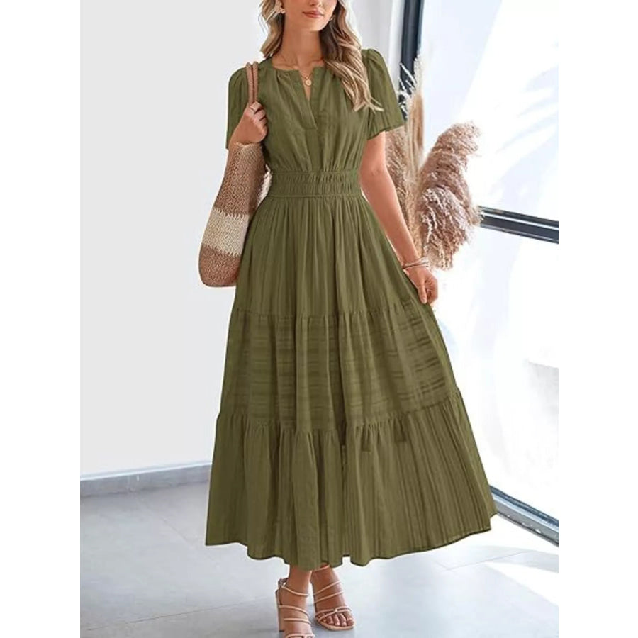 Full Size Short Sleeve Tiered Midi Dress Plus Size Apparel and Accessories