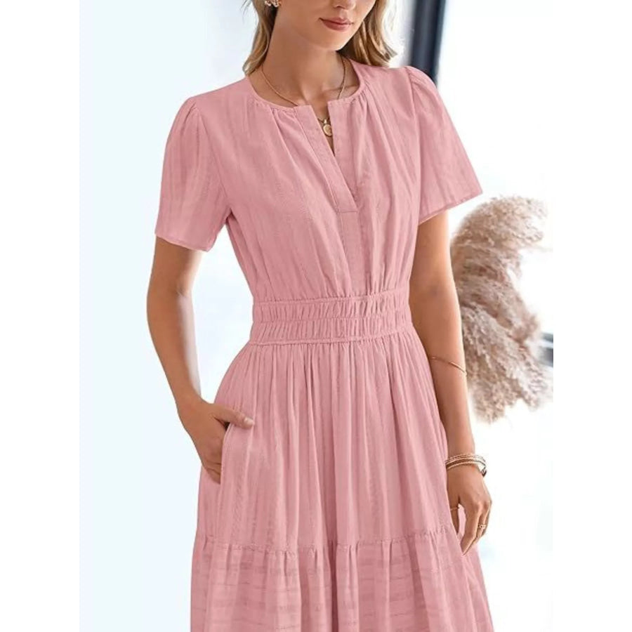 Full Size Short Sleeve Tiered Midi Dress Plus Size Apparel and Accessories