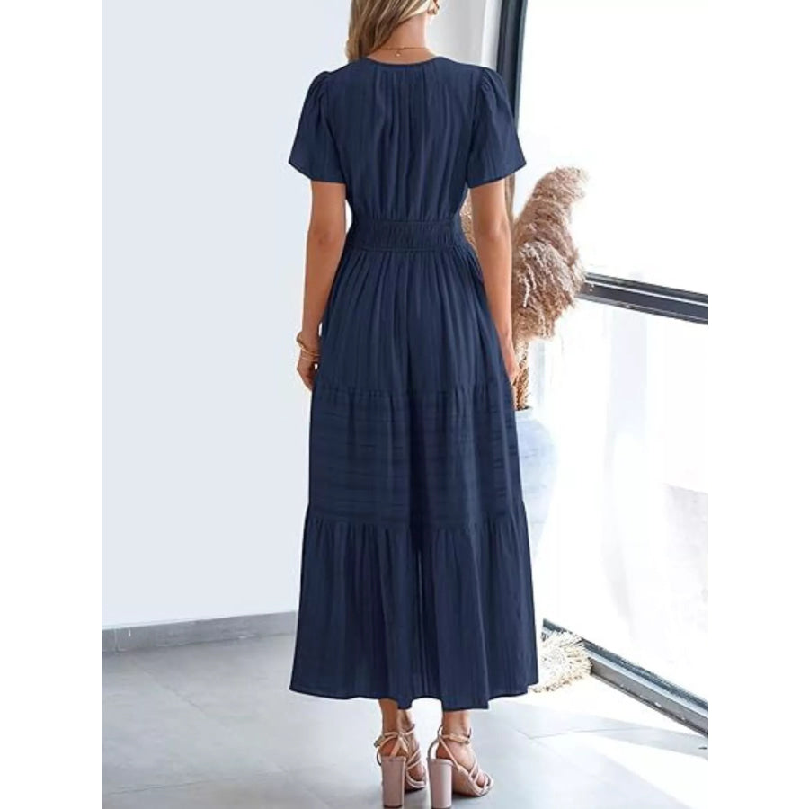 Full Size Short Sleeve Tiered Midi Dress Plus Size Apparel and Accessories