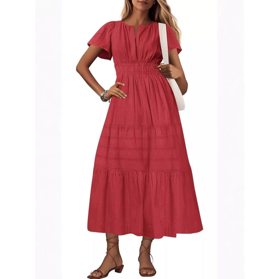 Full Size Short Sleeve Tiered Midi Dress Plus Size Apparel and Accessories