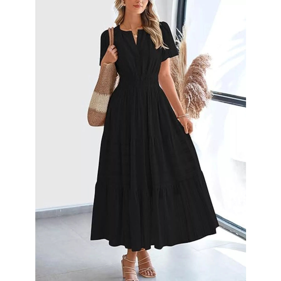 Full Size Short Sleeve Tiered Midi Dress Plus Size Apparel and Accessories