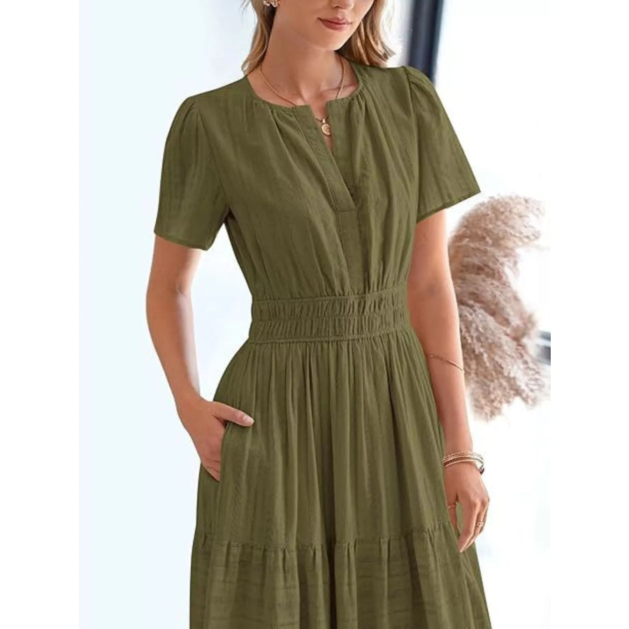 Full Size Short Sleeve Tiered Midi Dress Plus Size Apparel and Accessories