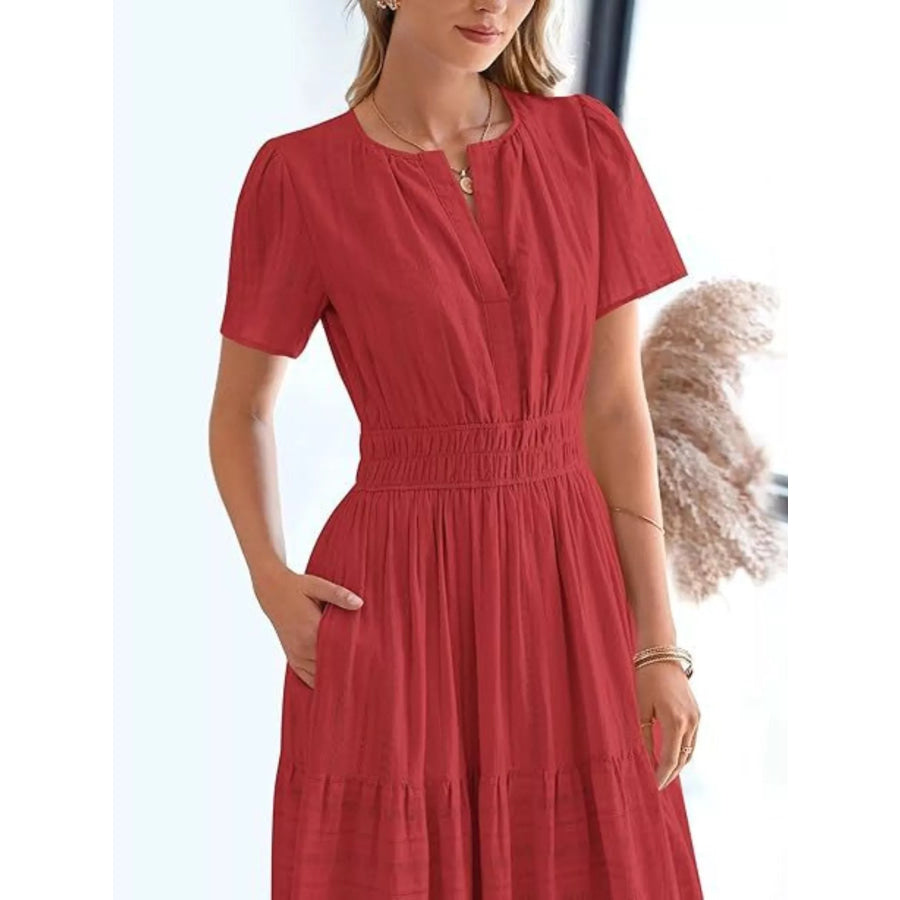 Full Size Short Sleeve Tiered Midi Dress Plus Size Apparel and Accessories