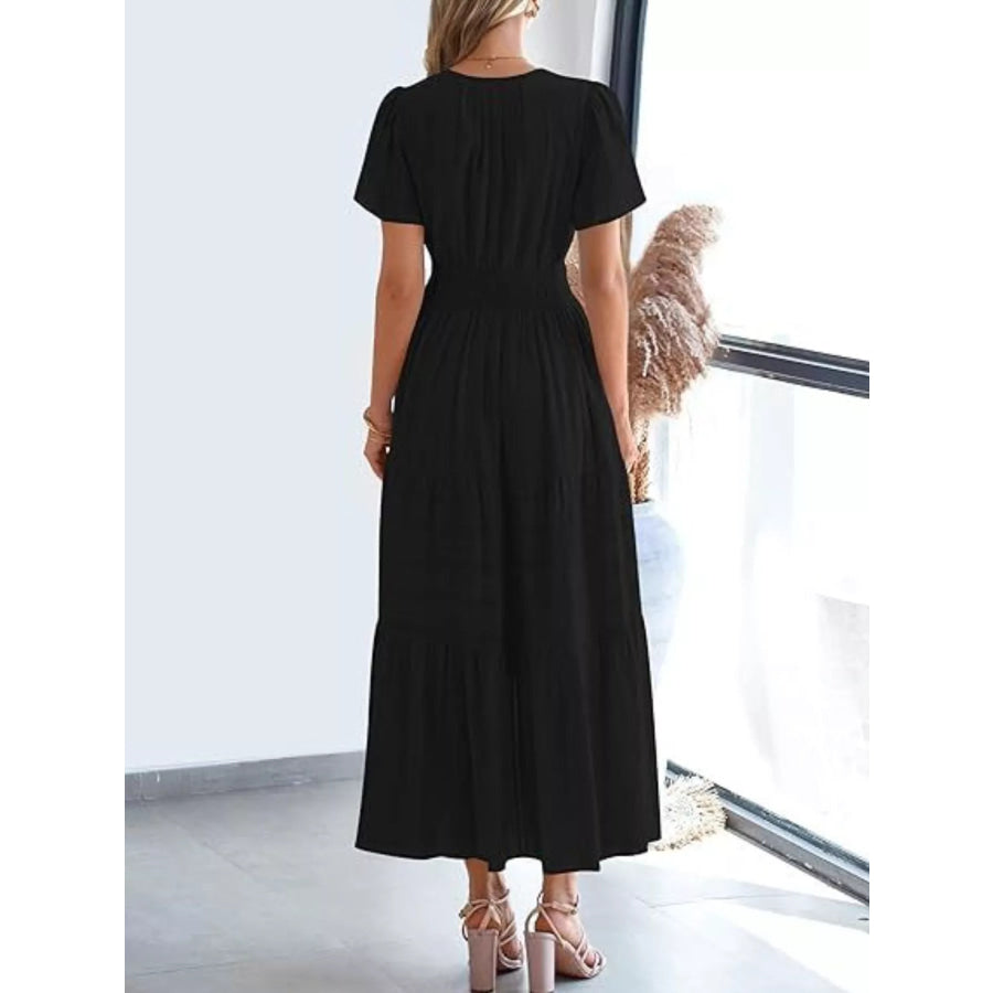 Full Size Short Sleeve Tiered Midi Dress Plus Size Black / XS Apparel and Accessories