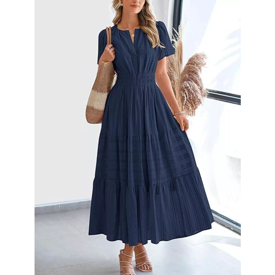 Full Size Short Sleeve Tiered Midi Dress Plus Size Dark Blue / XS Apparel and Accessories