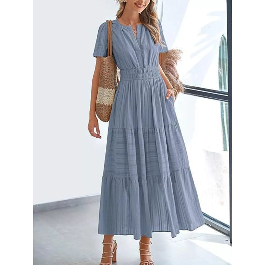 Full Size Short Sleeve Tiered Midi Dress Plus Size Dusty Blue / XS Apparel and Accessories