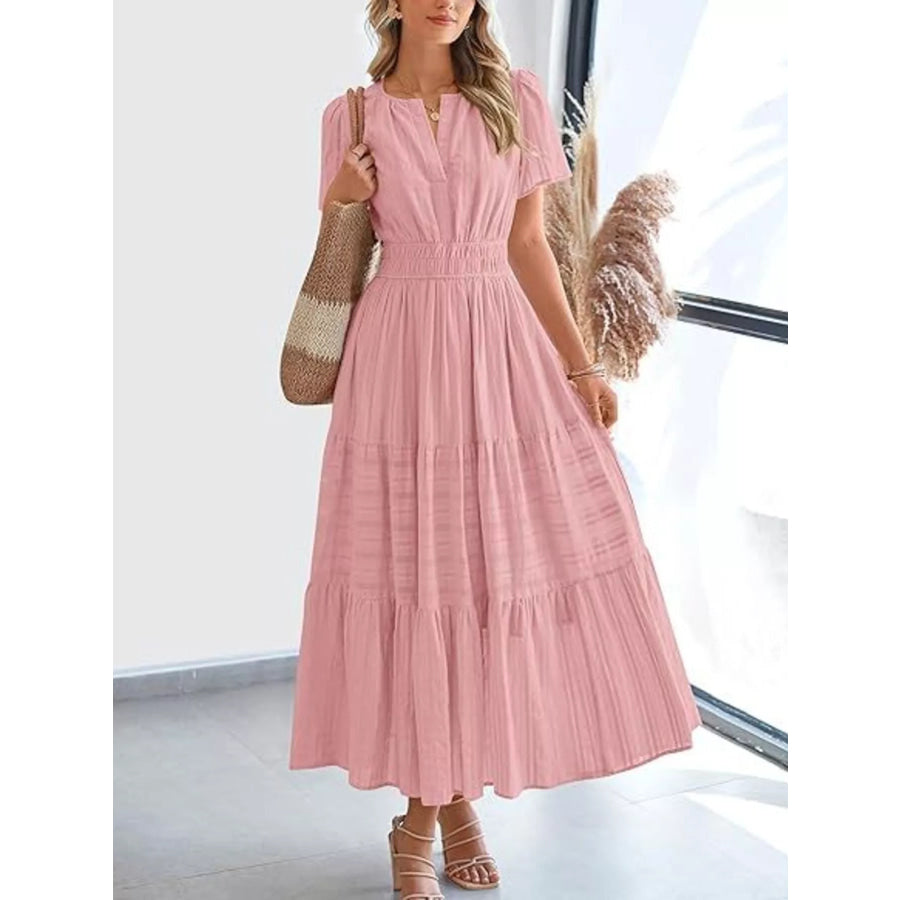 Full Size Short Sleeve Tiered Midi Dress Plus Size Dusty Pink / XS Apparel and Accessories