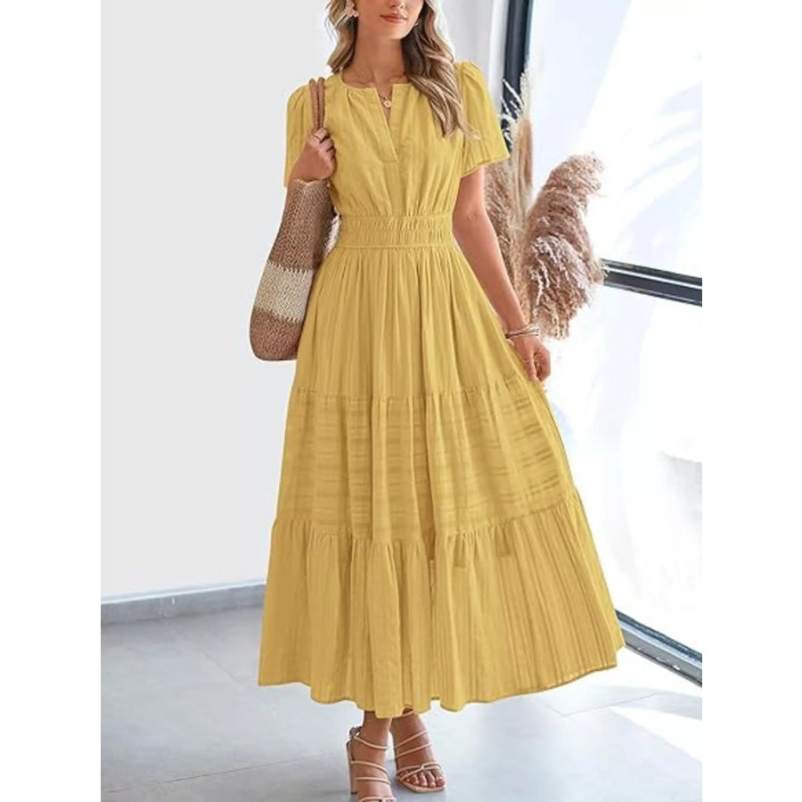 Full Size Short Sleeve Tiered Midi Dress Plus Size Gold / XS Apparel and Accessories