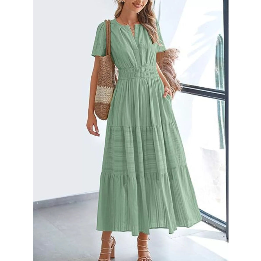 Full Size Short Sleeve Tiered Midi Dress Plus Size Gum Leaf / XS Apparel and Accessories