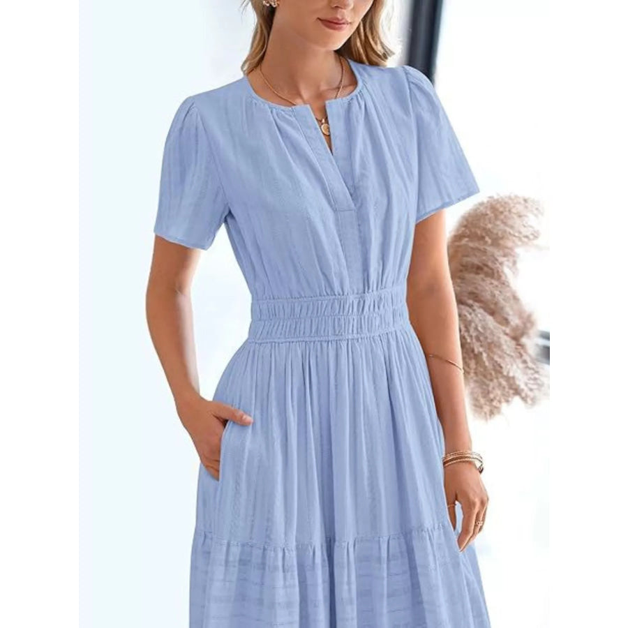 Full Size Short Sleeve Tiered Midi Dress Plus Size Light Blue / XS Apparel and Accessories