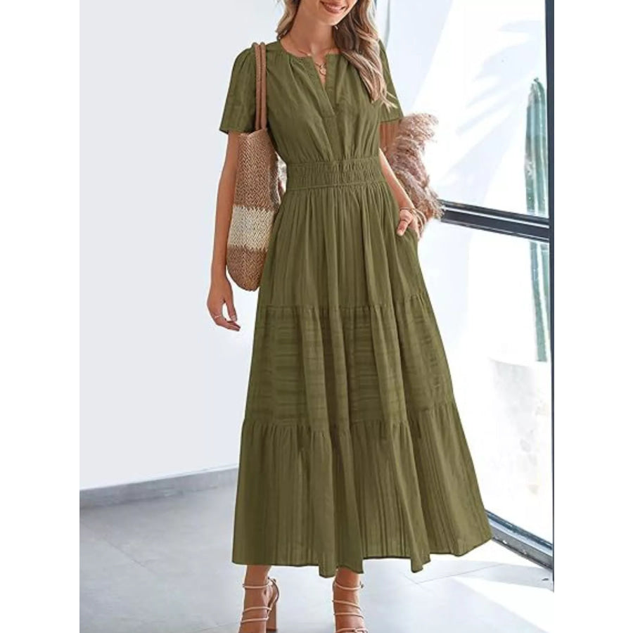 Full Size Short Sleeve Tiered Midi Dress Plus Size Moss / XS Apparel and Accessories