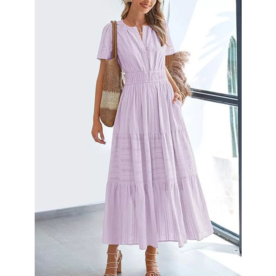 Full Size Short Sleeve Tiered Midi Dress Plus Size Pink Purple / XS Apparel and Accessories
