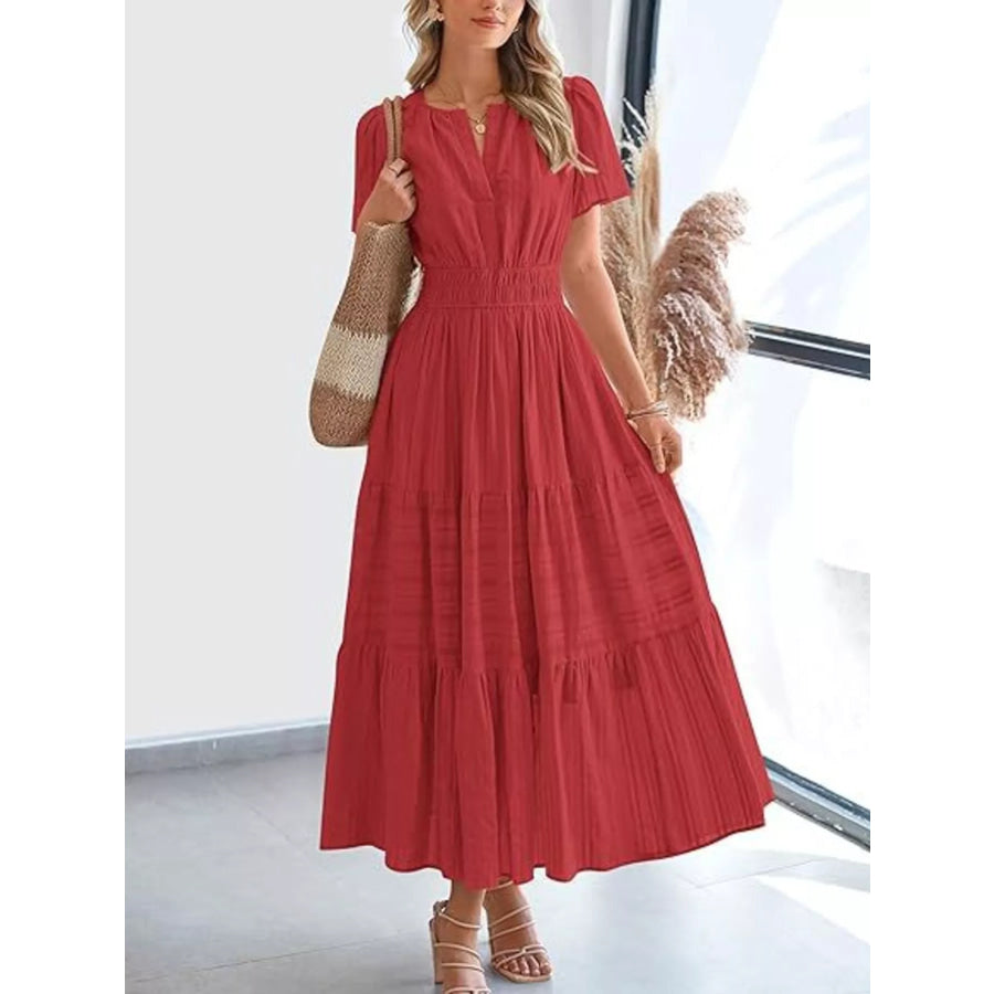 Full Size Short Sleeve Tiered Midi Dress Plus Size Scarlet / XS Apparel and Accessories