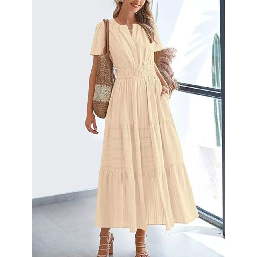 Full Size Short Sleeve Tiered Midi Dress Plus Size Tan / XS Apparel and Accessories