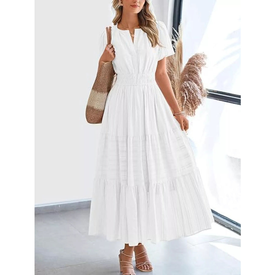 Full Size Short Sleeve Tiered Midi Dress Plus Size White / XS Apparel and Accessories