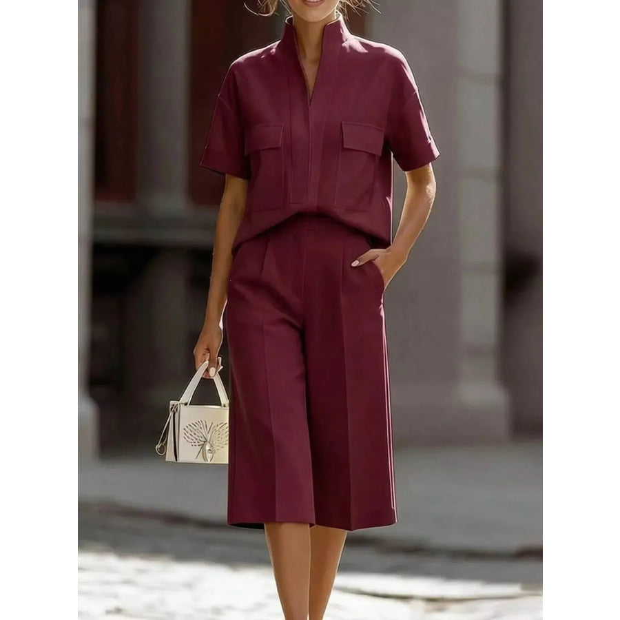Full Size Short Sleeve Top and Shorts Set Plus Size Burgundy / S Apparel and Accessories