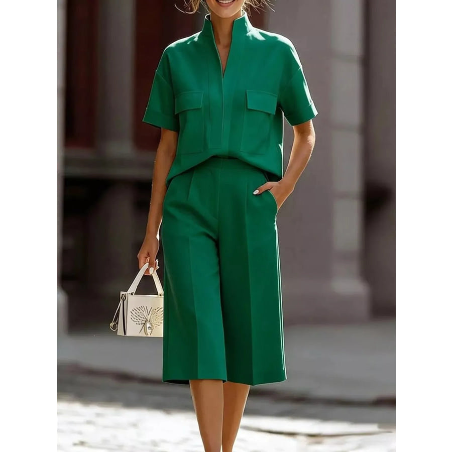 Full Size Short Sleeve Top and Shorts Set Plus Size Green / S Apparel and Accessories