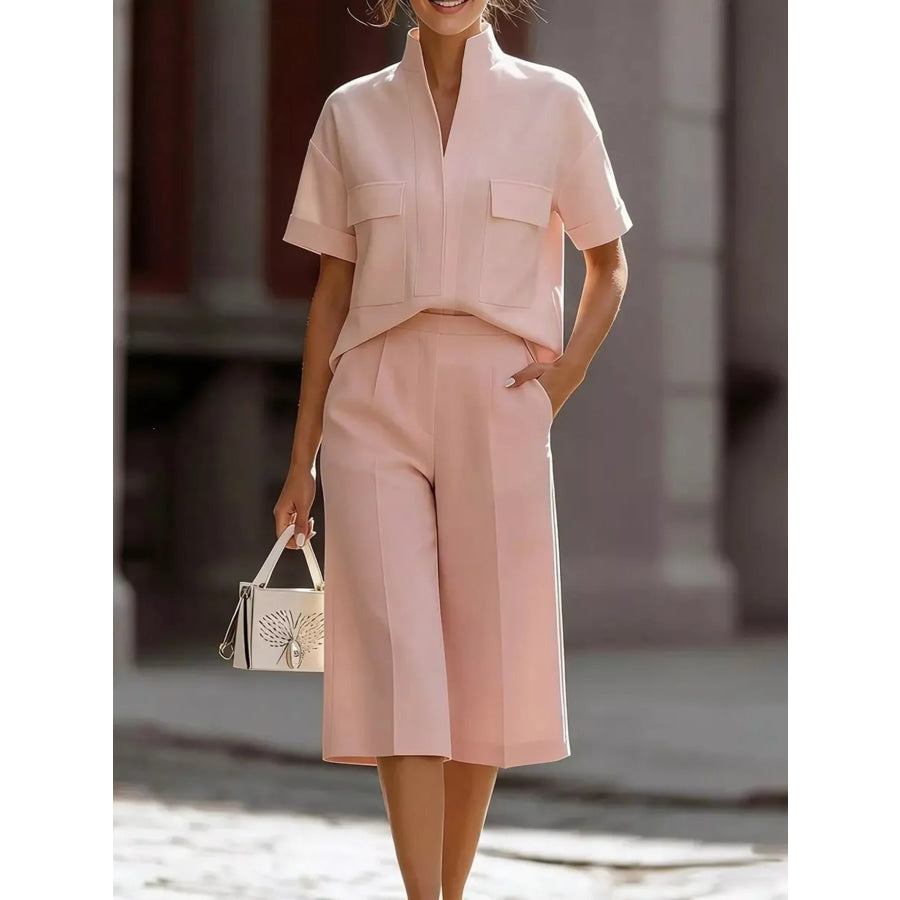 Full Size Short Sleeve Top and Shorts Set Plus Size Pink / S Apparel and Accessories