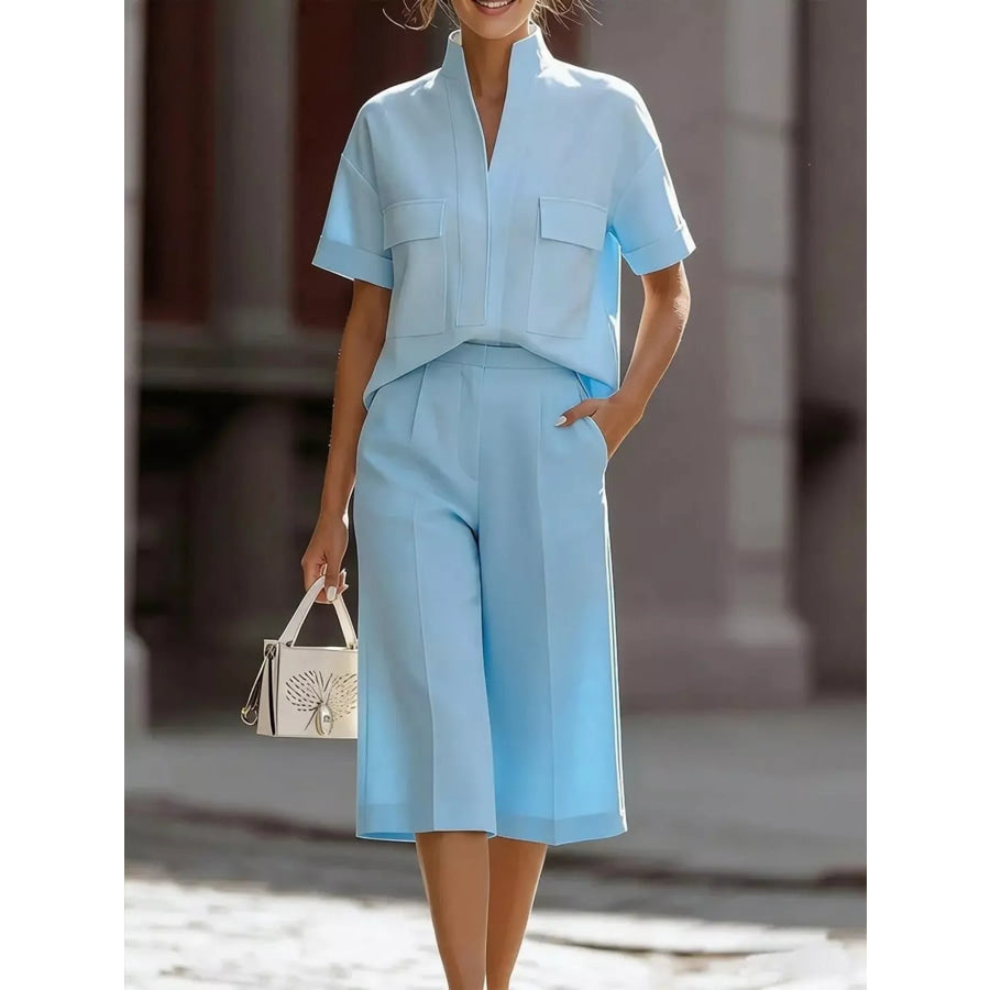 Full Size Short Sleeve Top and Shorts Set Plus Size Sky Blue / S Apparel and Accessories