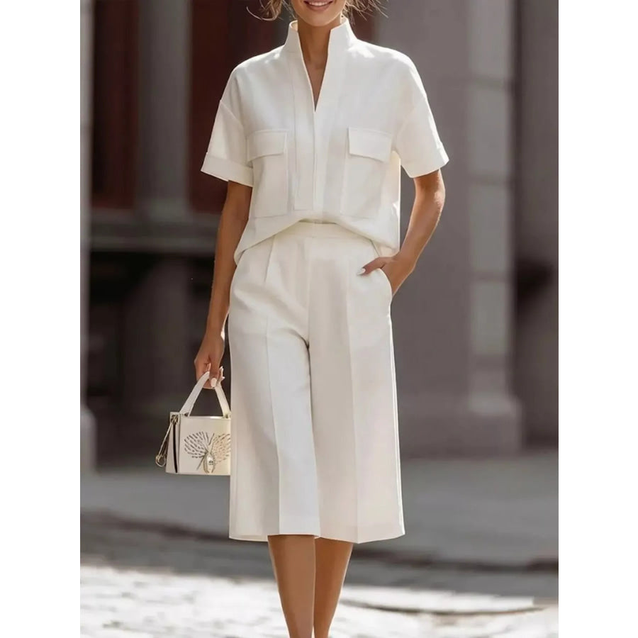 Full Size Short Sleeve Top and Shorts Set Plus Size White / S Apparel and Accessories