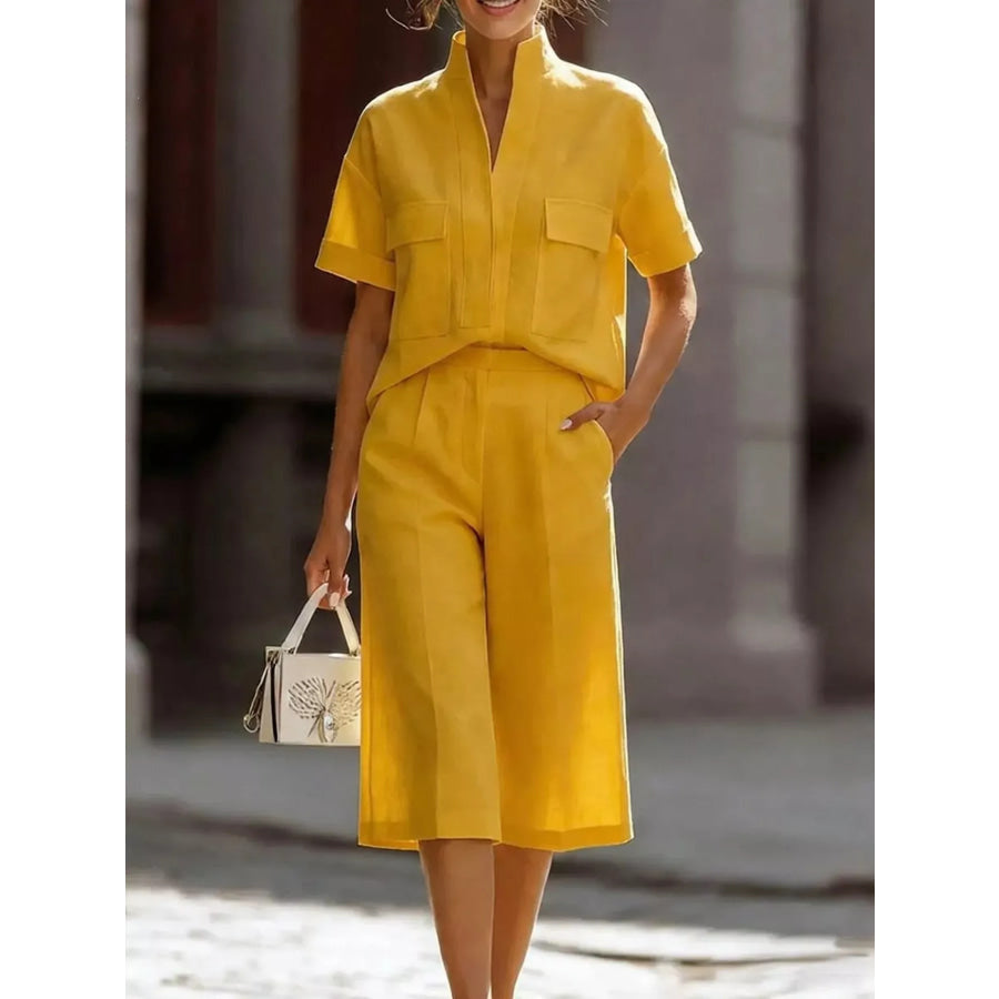 Full Size Short Sleeve Top and Shorts Set Plus Size Yellow / S Apparel and Accessories