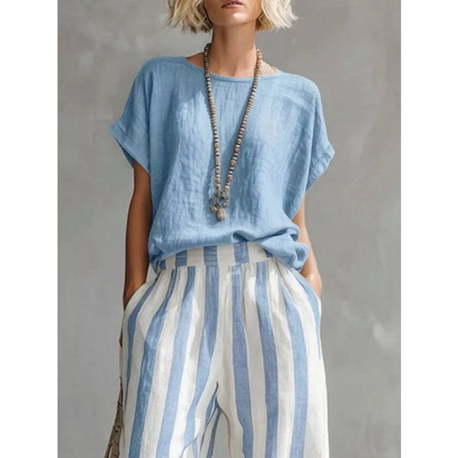Full Size Short Sleeve Top and Wide Leg Pants Set Plus Light Blue / S Apparel Accessories