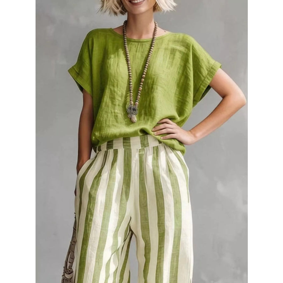 Full Size Short Sleeve Top and Wide Leg Pants Set Plus Apparel Accessories