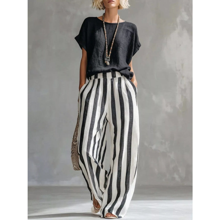 Full Size Short Sleeve Top and Wide Leg Pants Set Plus Black / S Apparel Accessories