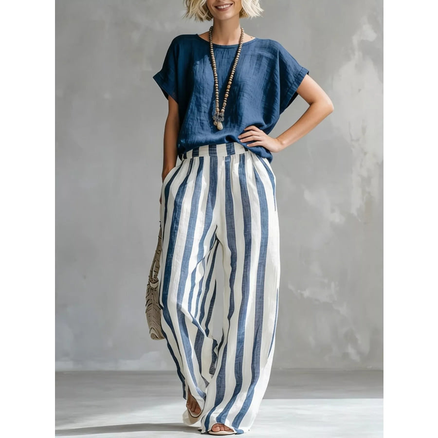 Full Size Short Sleeve Top and Wide Leg Pants Set Plus Dark Blue / S Apparel Accessories