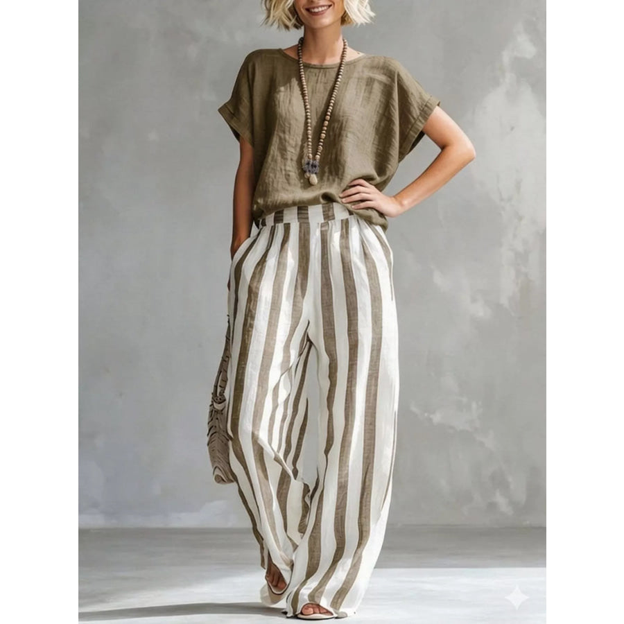 Full Size Short Sleeve Top and Wide Leg Pants Set Plus Khaki / S Apparel Accessories