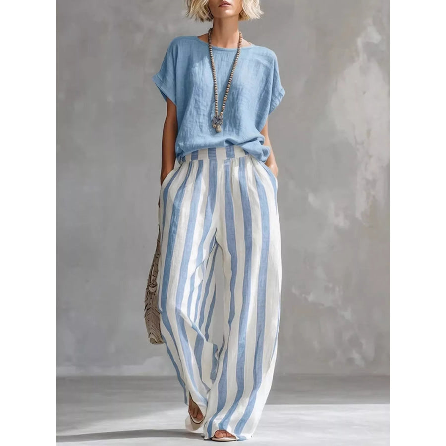 Full Size Short Sleeve Top and Wide Leg Pants Set Plus Light Blue / S Apparel Accessories
