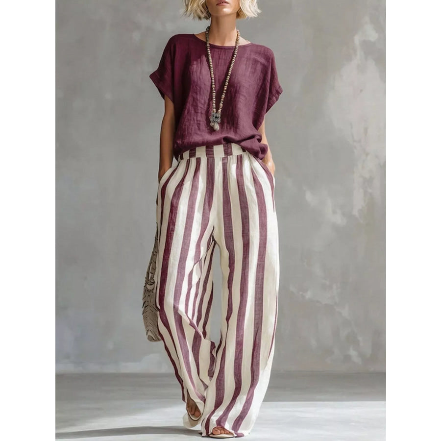Full Size Short Sleeve Top and Wide Leg Pants Set Plus Wine Red / S Apparel Accessories