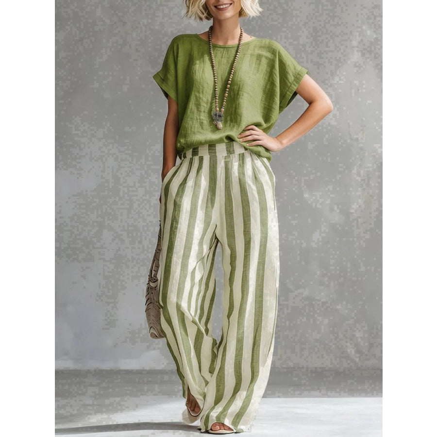 Full Size Short Sleeve Top and Wide Leg Pants Set Plus Yellow Green / S Apparel Accessories
