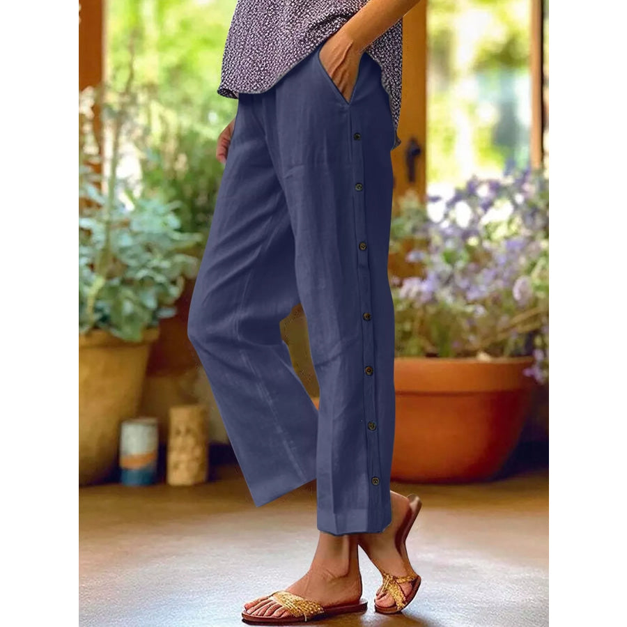 Full Size Side Button Decor Pants Plus Size Navy Blue / S Apparel and Accessories