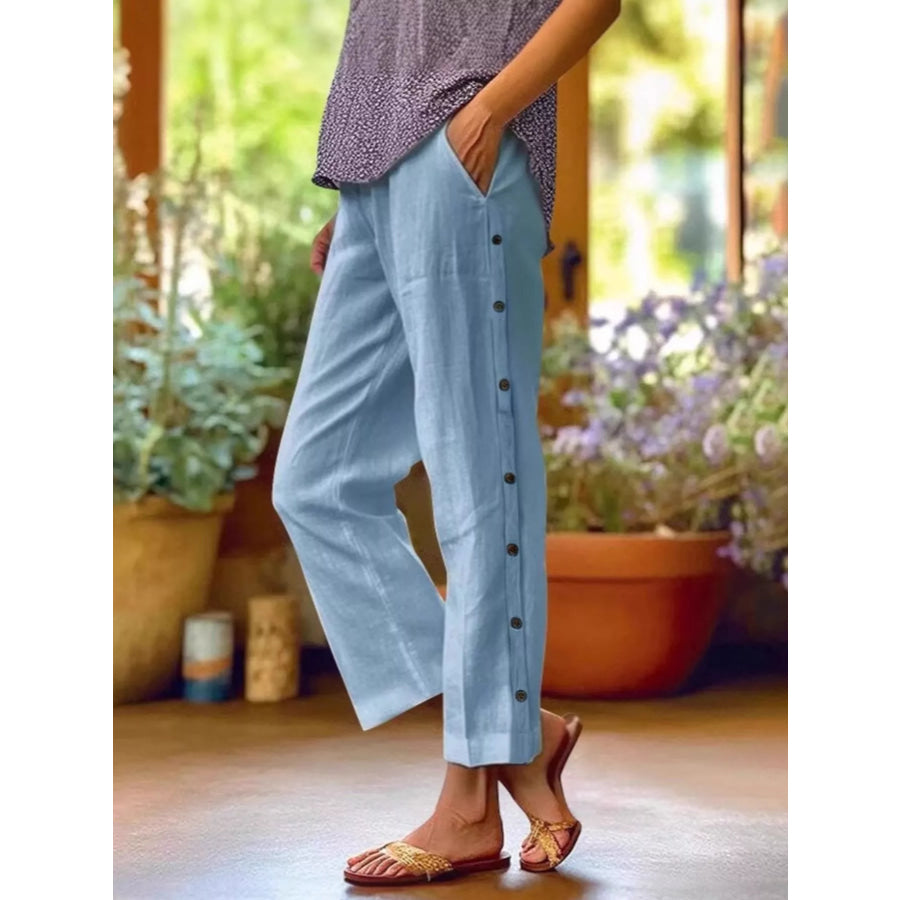 Full Size Side Button Decor Pants Plus Size Sky Blue / S Apparel and Accessories