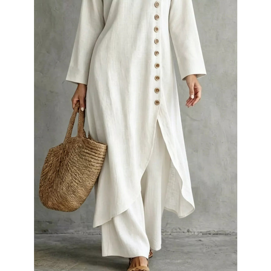 Full Size Side-Buttoned Longline Top and Pants Set Plus White / S Apparel Accessories
