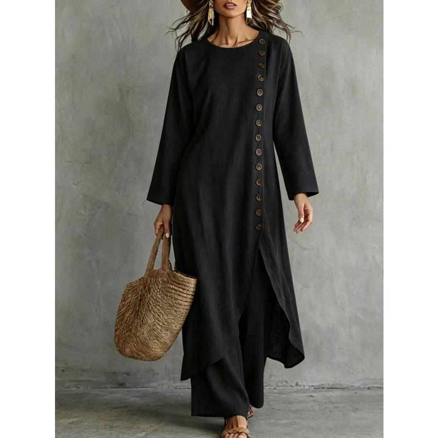 Full Size Side-Buttoned Longline Top and Pants Set Plus Black / S Apparel Accessories