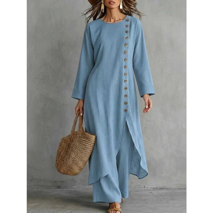 Full Size Side-Buttoned Longline Top and Pants Set Plus Blue / S Apparel Accessories