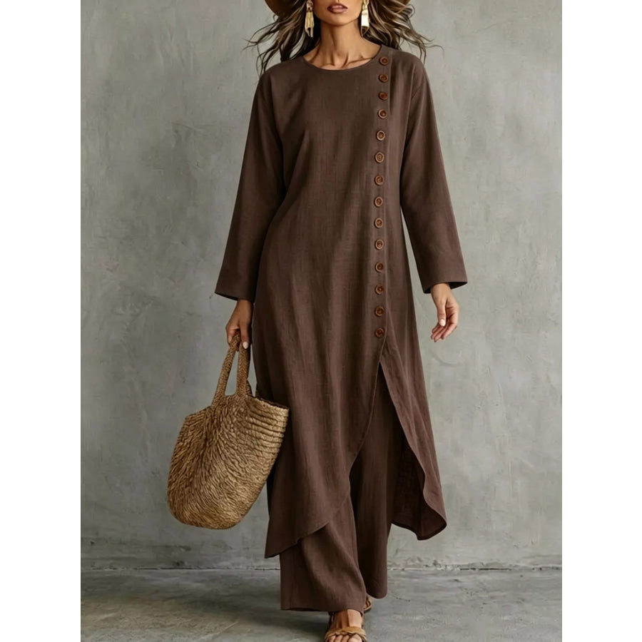 Full Size Side-Buttoned Longline Top and Pants Set Plus Brown / S Apparel Accessories